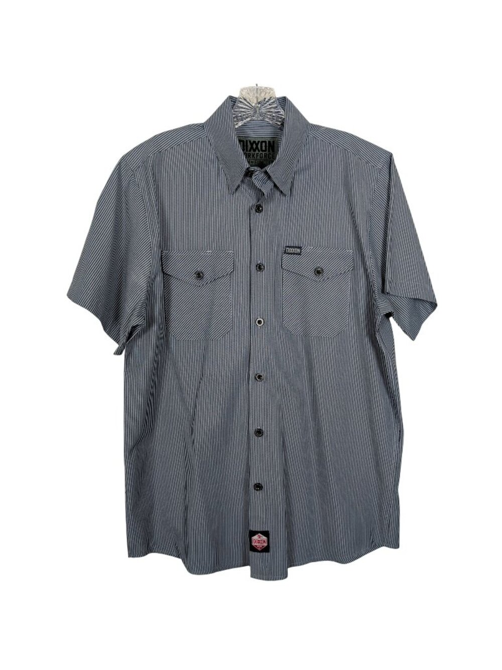 Dixxon Workforce Shirt Mens M Gray Striped Button Front Workwear Short Sleeve